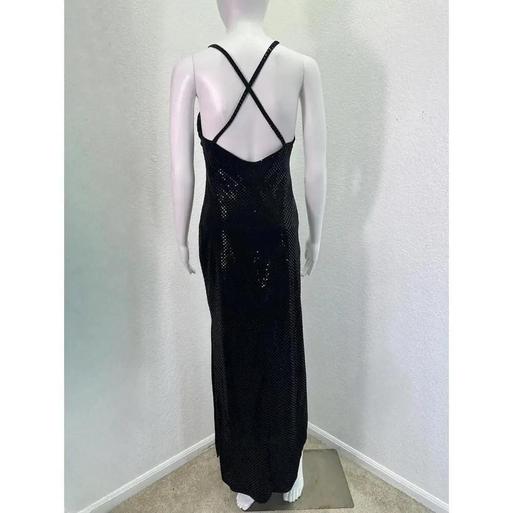 Y2K Vtg Jump Apparel Sz 5/6 Black Velvet Sequined Maxi Clubwear Gown Prom